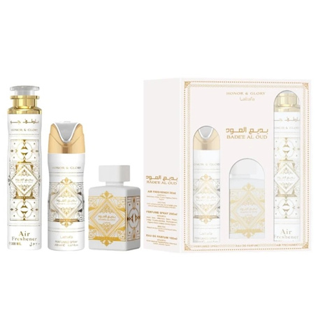 Zestaw Honor & Glory Badee Al Oud EDP spray 100ml + PERFUMED SPRAY 200ml + AIR FRESHENER 300ml	