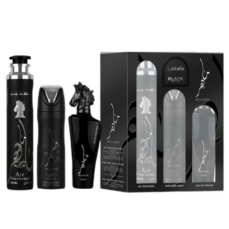 Zestaw Maahir Black Edition EDP spray 100ml + PERFUMED SPRAY 200ml + AIR FRESHENER 300ml	
